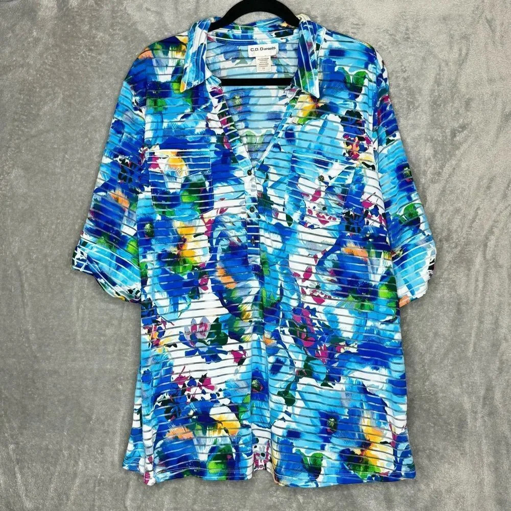 CD Daniels 2X Shirt Top Blue Floral Roll Tab Elbow Sleeve V Neck Semi Sheer